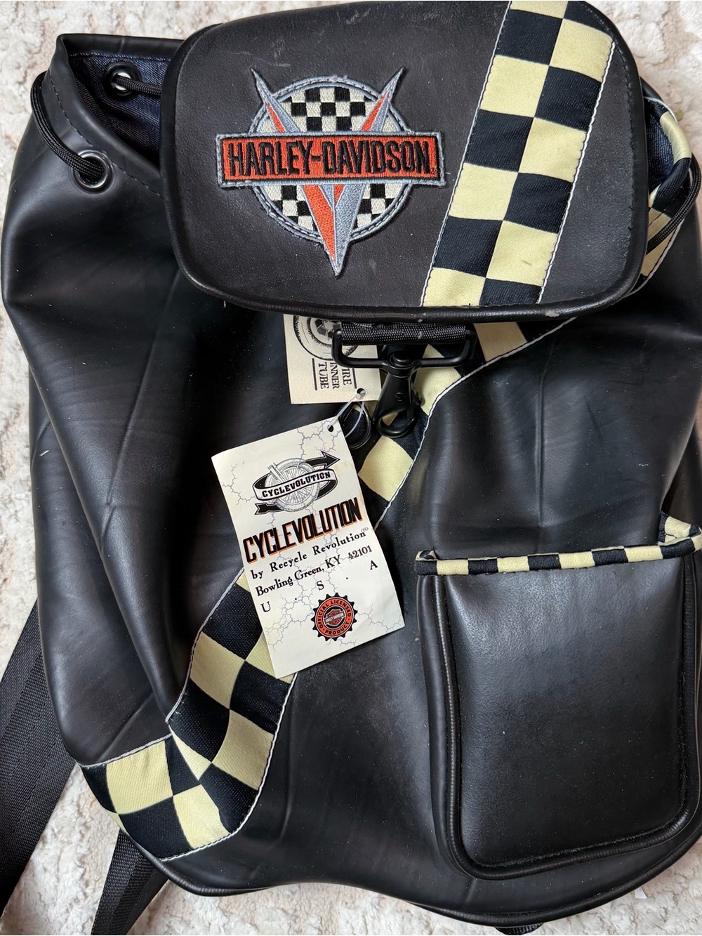 VTG 90s Harley Davidson Recycled Tire Tube Backpack NWT Denim Lined Checkerboard